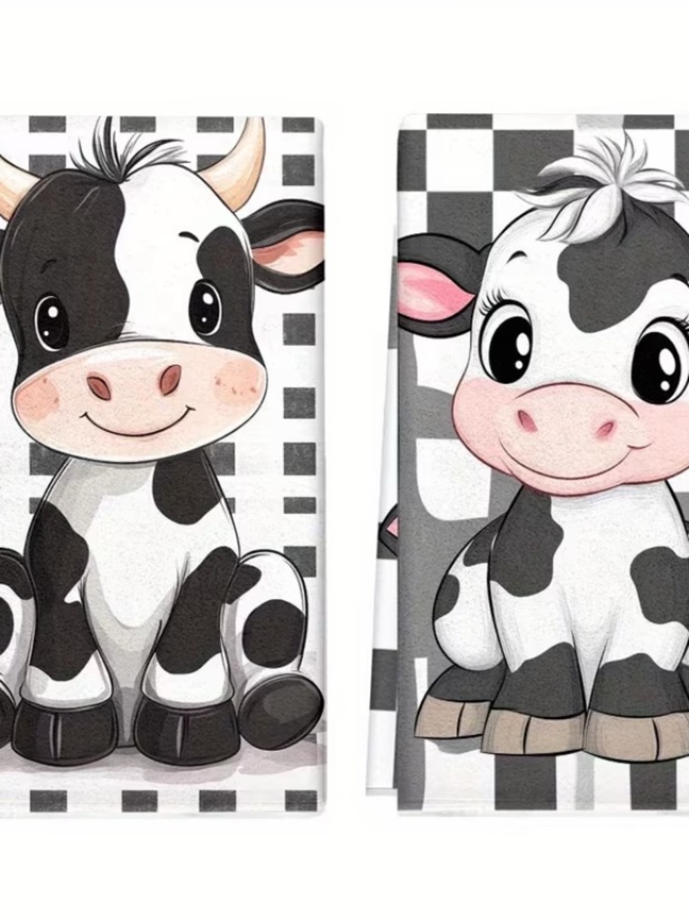 COWS Black & White Print Kitchen Towels - Cute Cartoon Set of Two